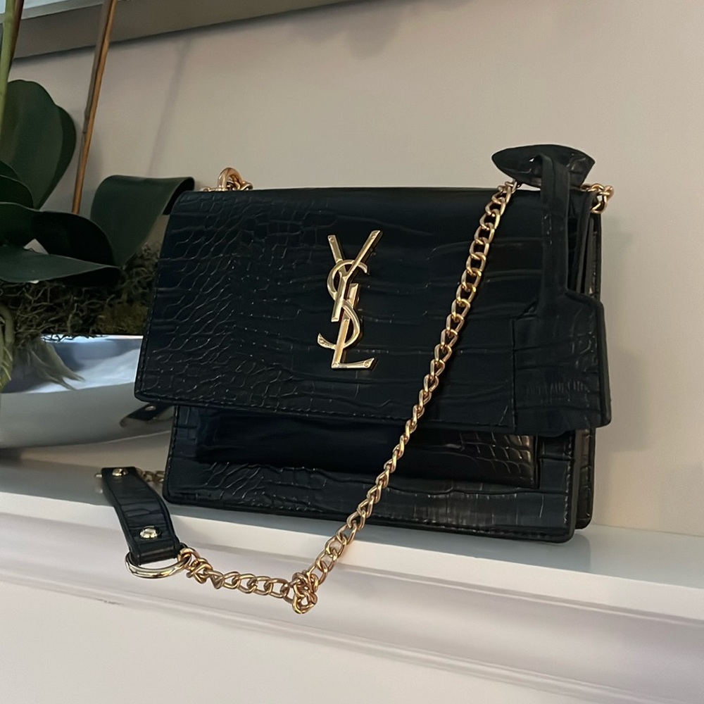 YSL logo purse crocodile print black